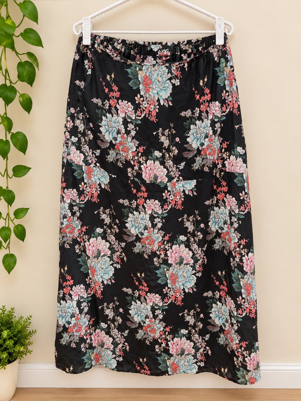 Tolani Black Floral High-Low Skirt with Pink & Teal Blooms
